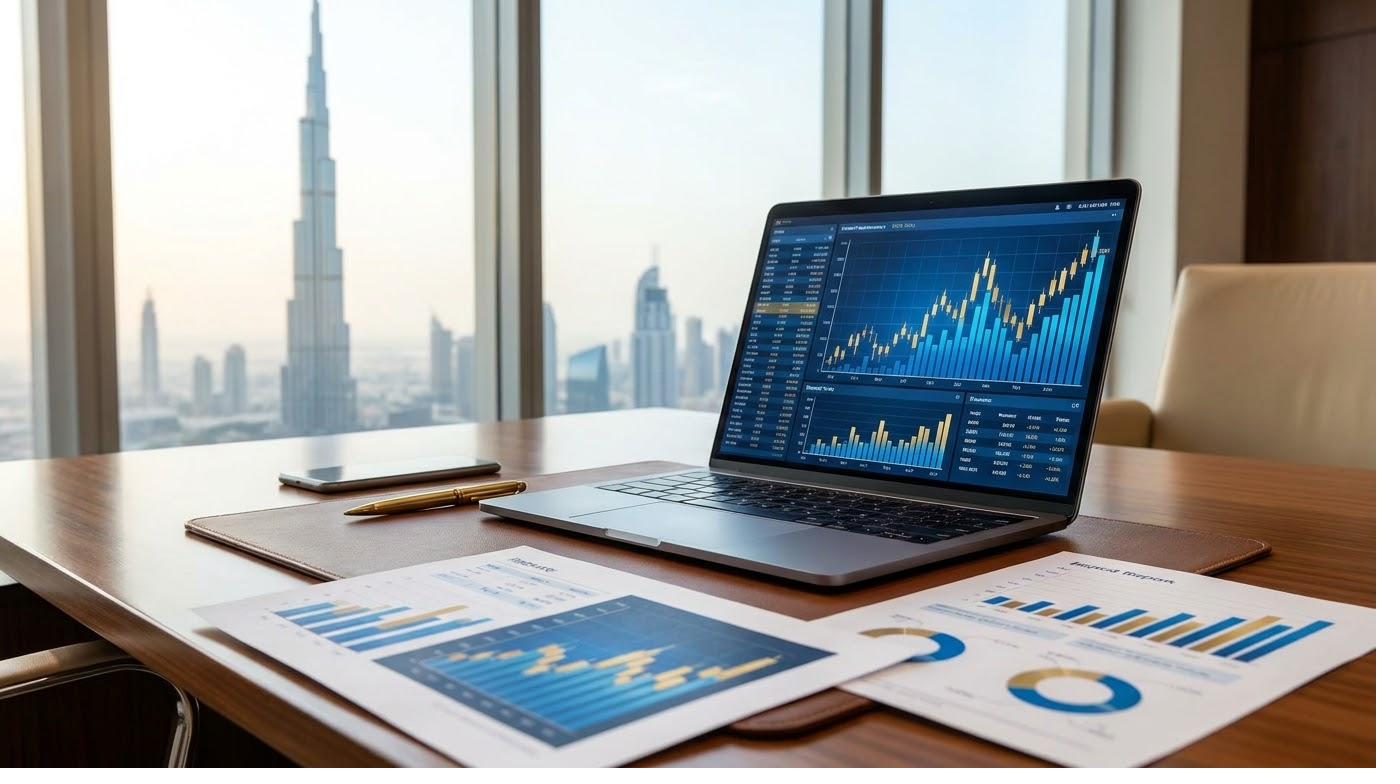 Financial reports and laptop on an office desk overlooking Dubai